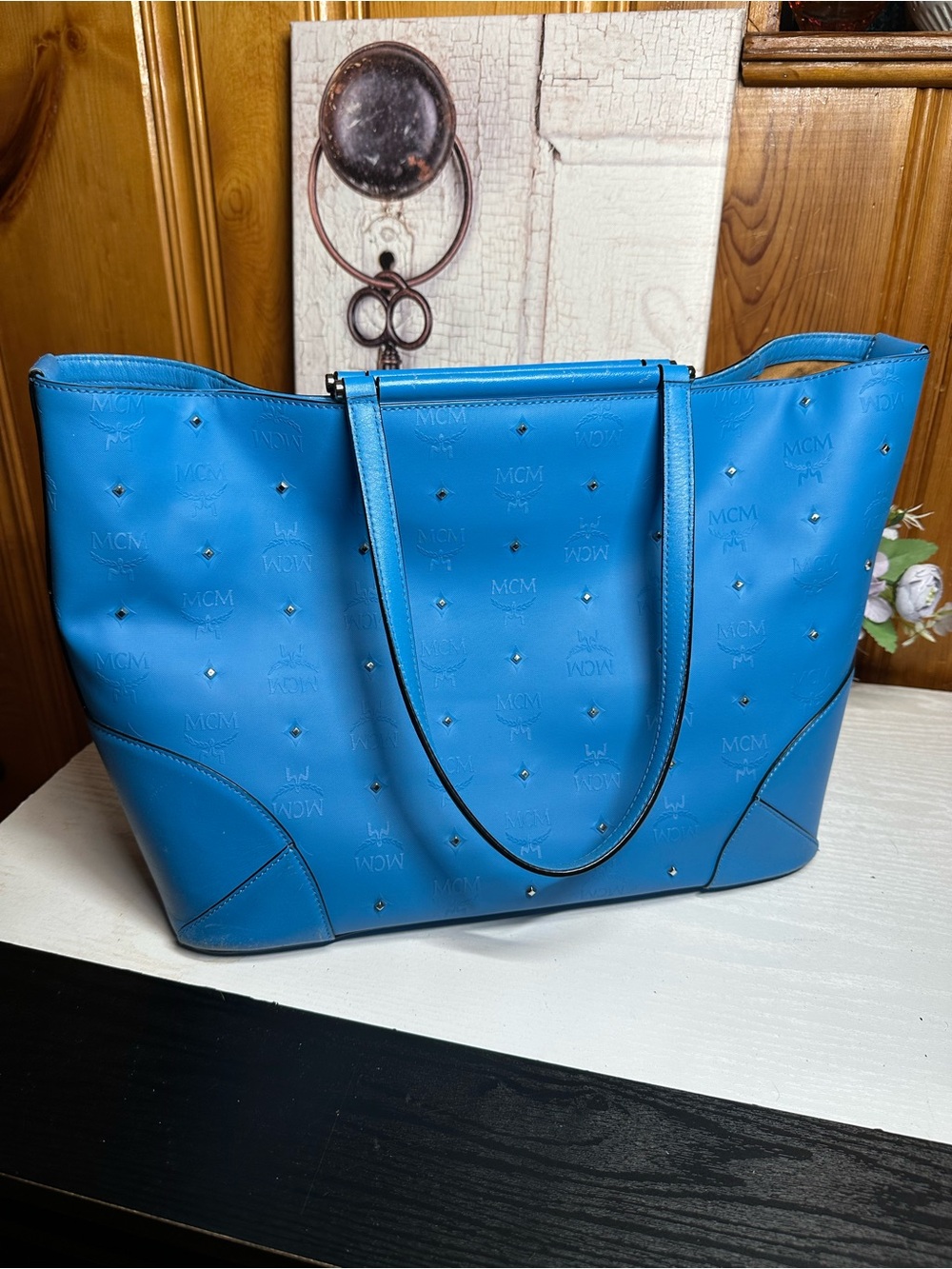 MCM Bright Blue Studded Leather Tote